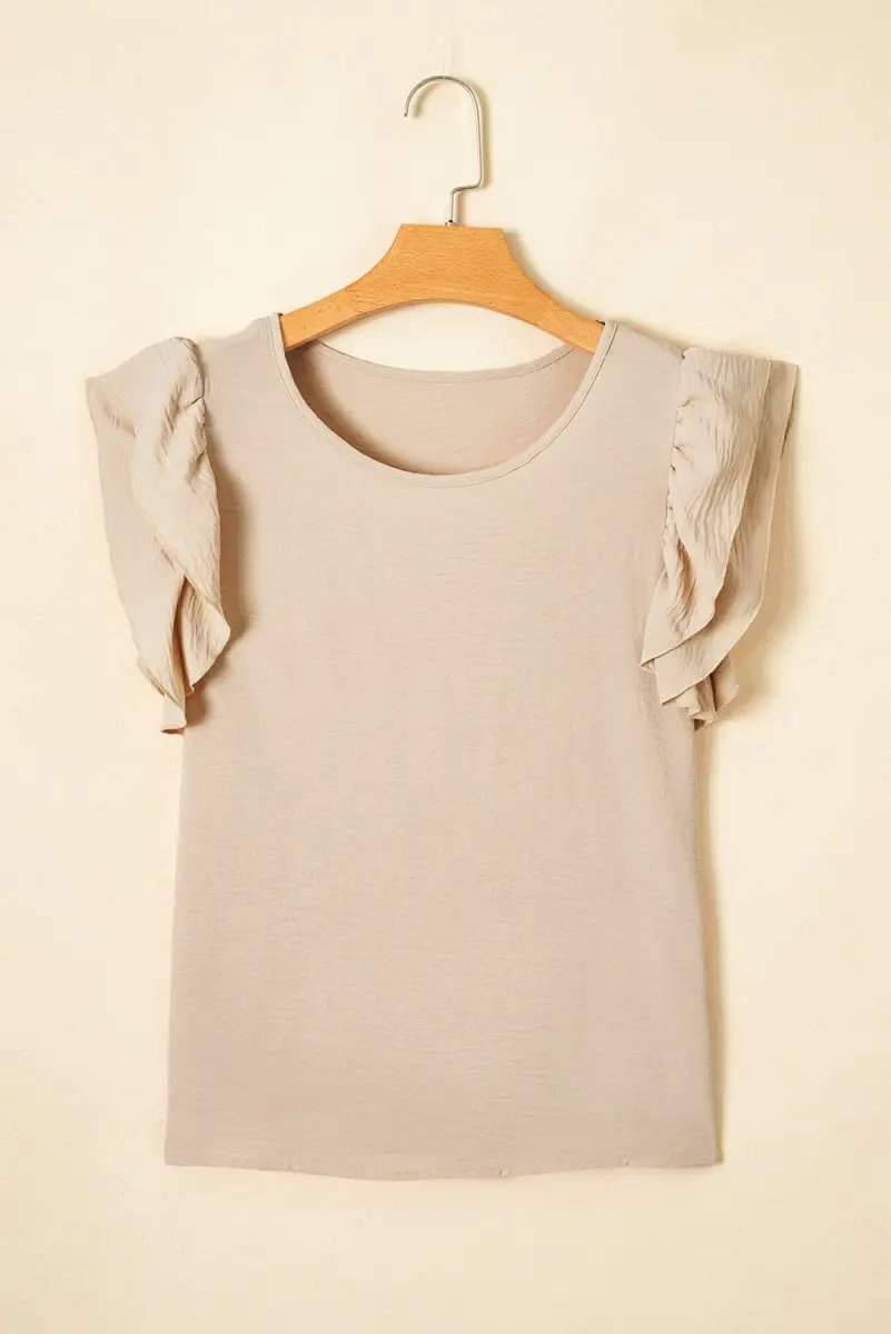 Beige Solid Color Ruffled Short Sleeve Casual Blouse For Women - Love Salve
